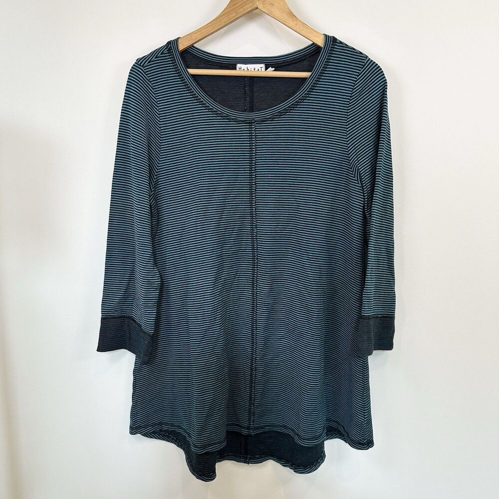 Habitat Top Women Small Blue Striped Comfy Knit 3/4 Sleeve Tunic Lagenlook Long